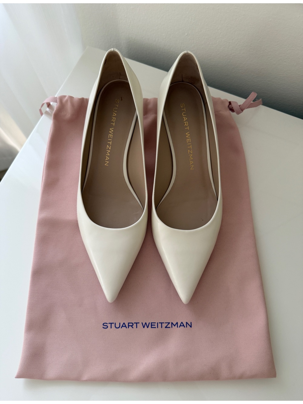 Stuart Weitzman Ivory Pointed-Toe Kitten Heel Pumps